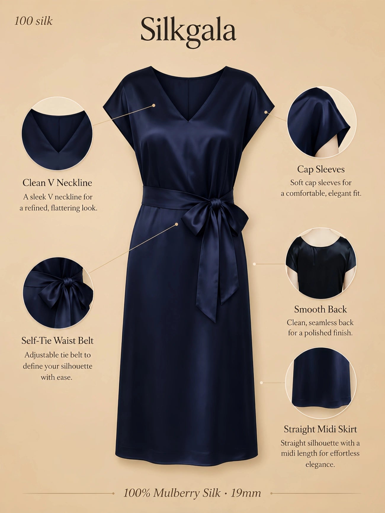 Silkgala 19mm 100% mulberry silk lounge dress detail image showing a clean V neckline, cap sleeves, self-tie waist belt, smooth back, and straight midi skirt.