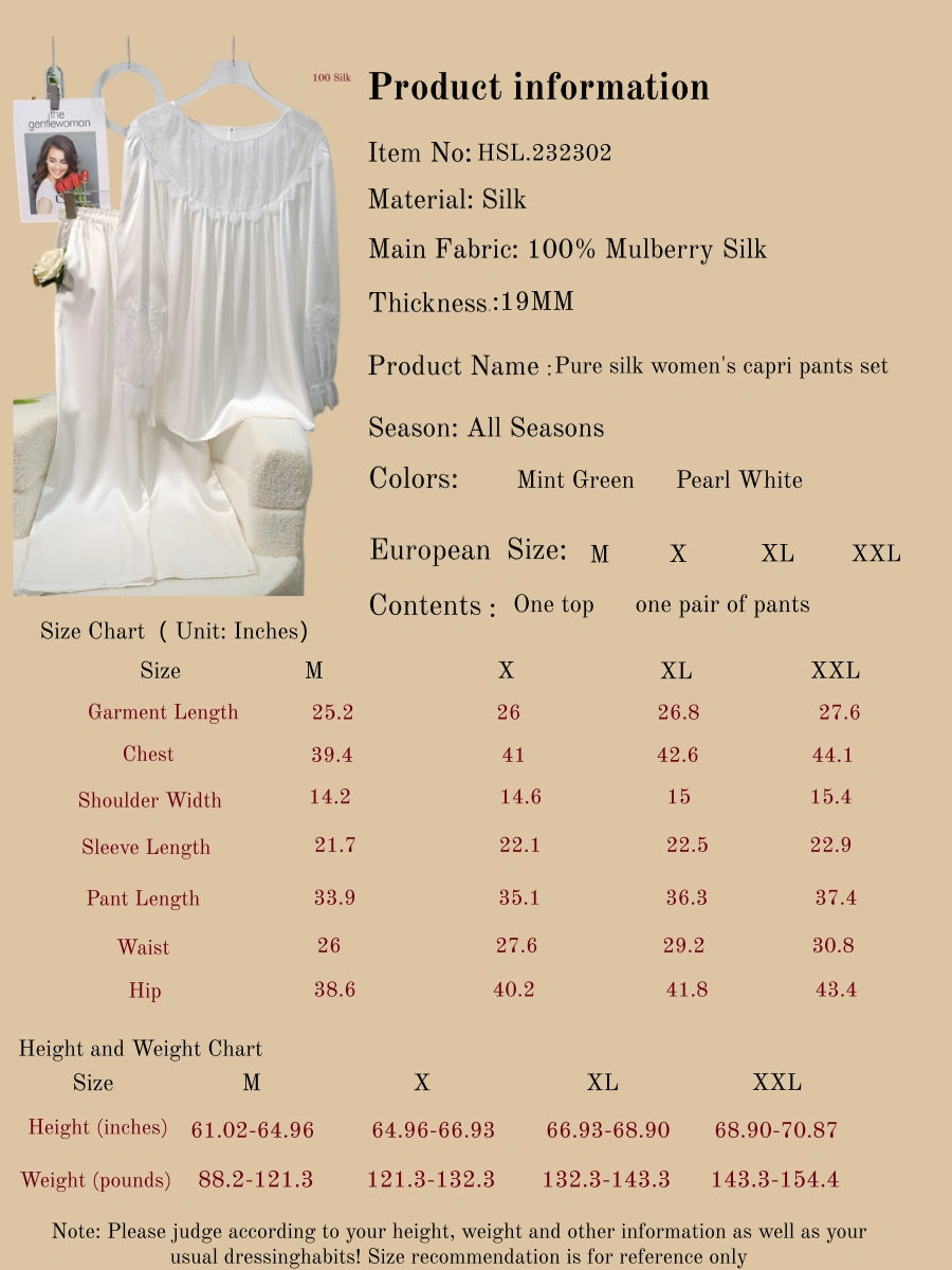 Pure silk women's capri pants set