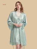Green 19mm silk robe and slip dress set front view with wide lace mesh and ruched bust