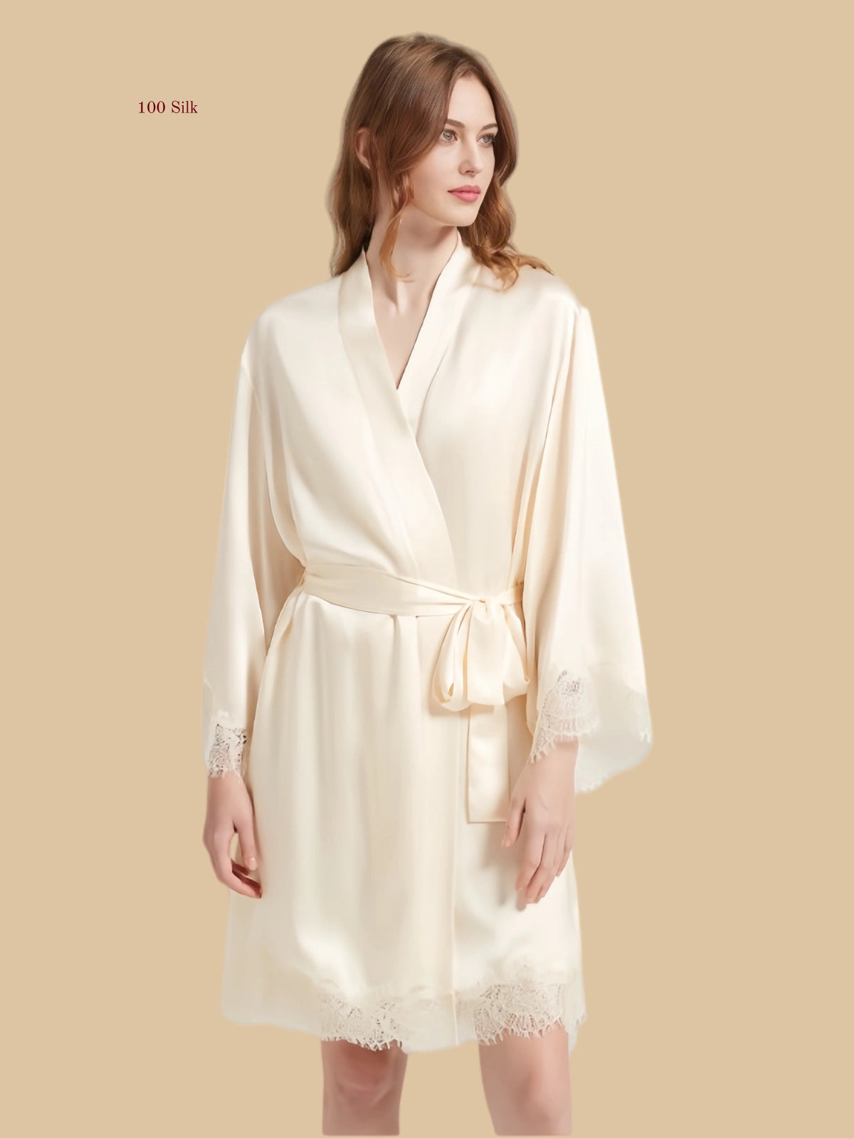 Ivory white 19mm silk robe and slip dress set front view with wide lace mesh and ruched bust