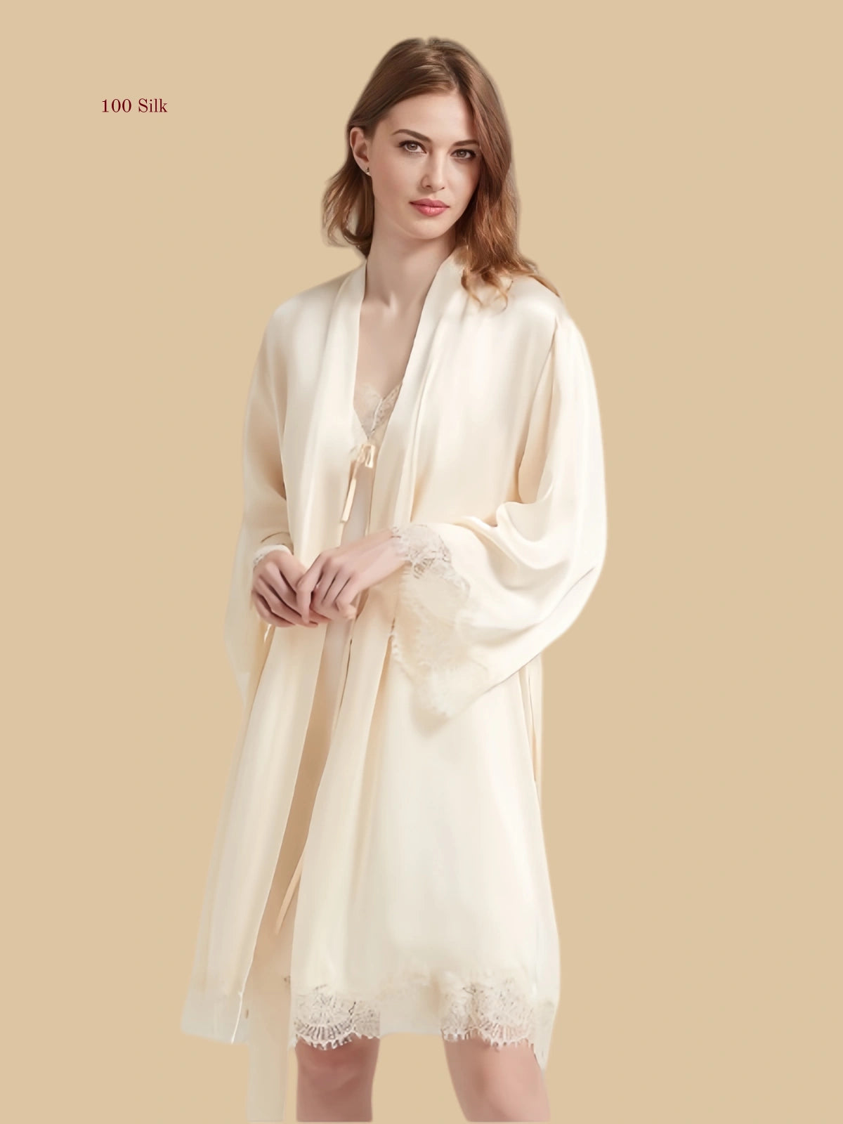 Ivory white 19mm silk robe and slip dress set front view with wide lace mesh and ruched bust