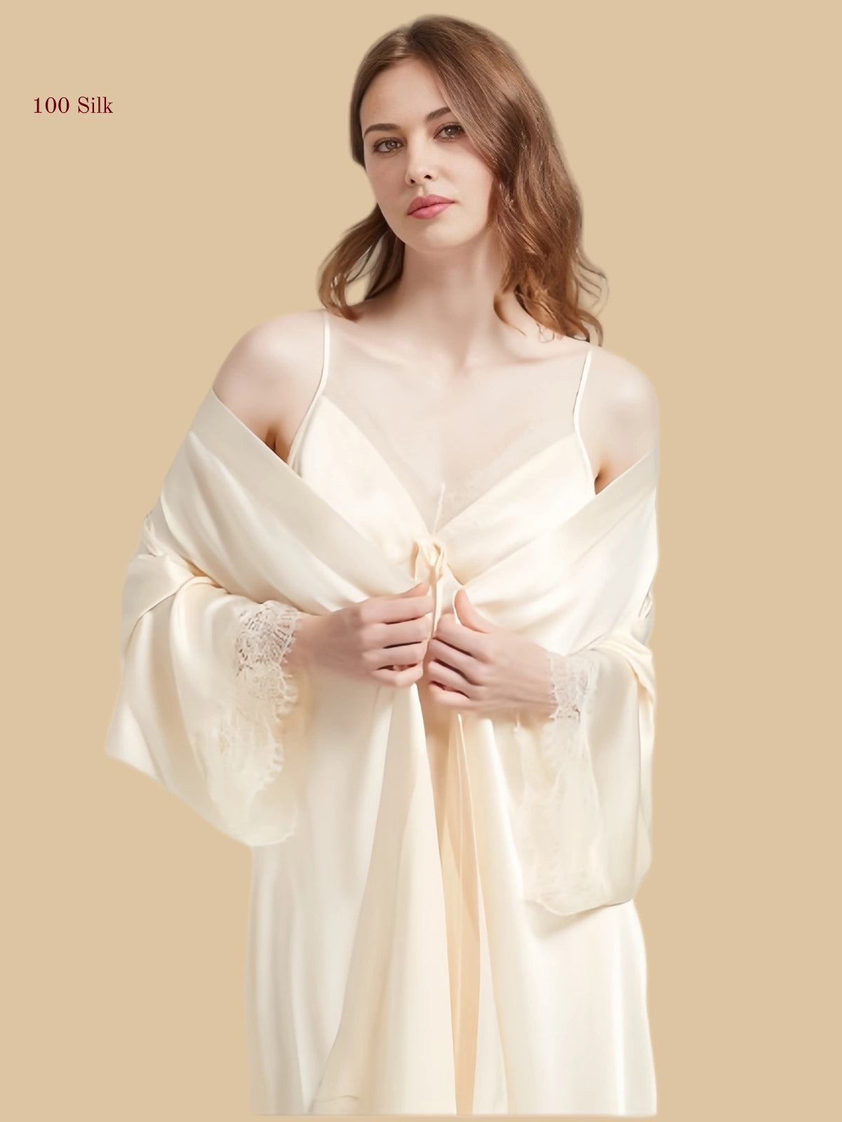 Ivory white 19mm silk robe and slip dress set front view with wide lace mesh and ruched bust