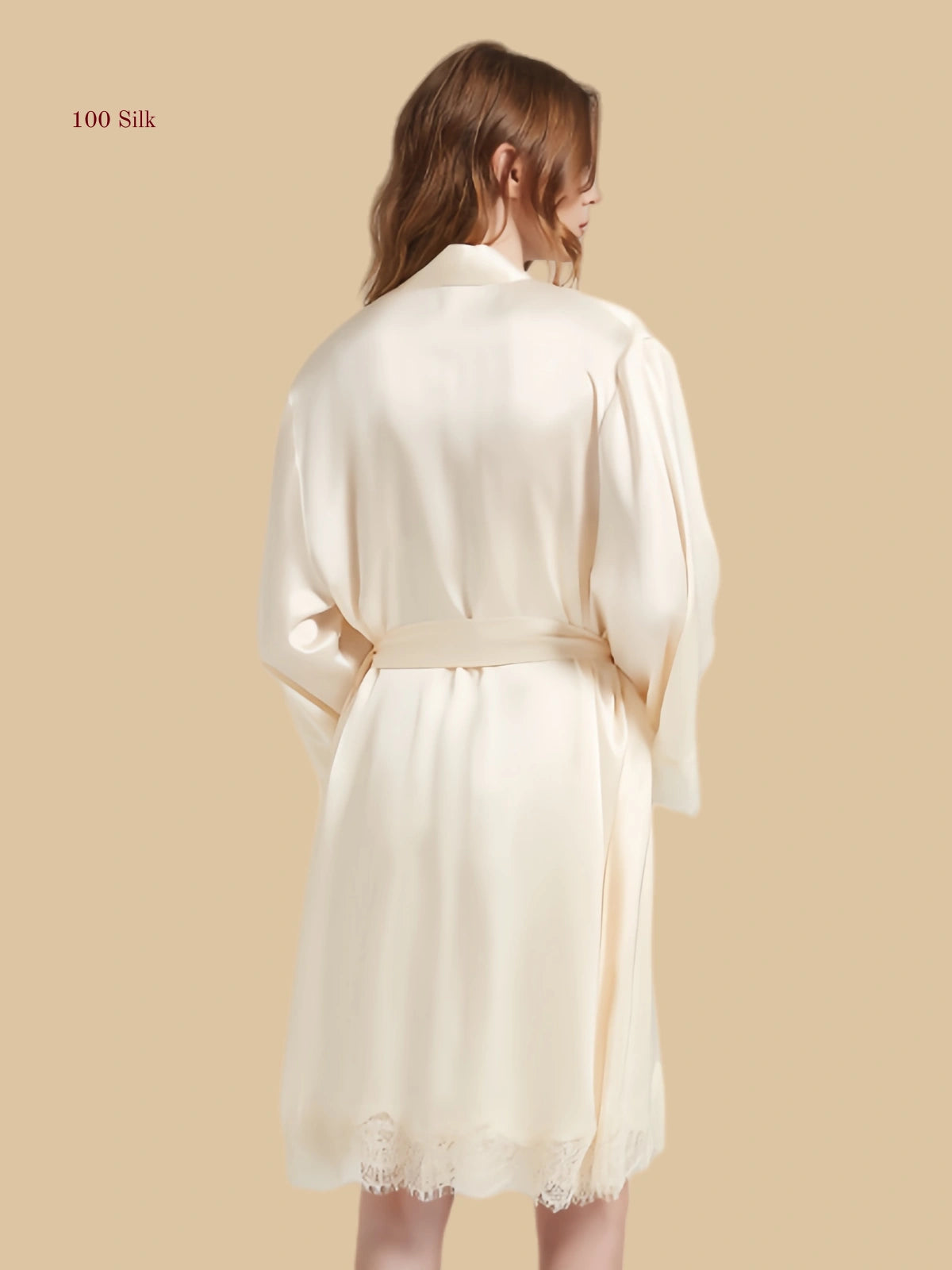 Ivory white 19mm silk robe and slip dress set back view with wide lace mesh and ruched bust