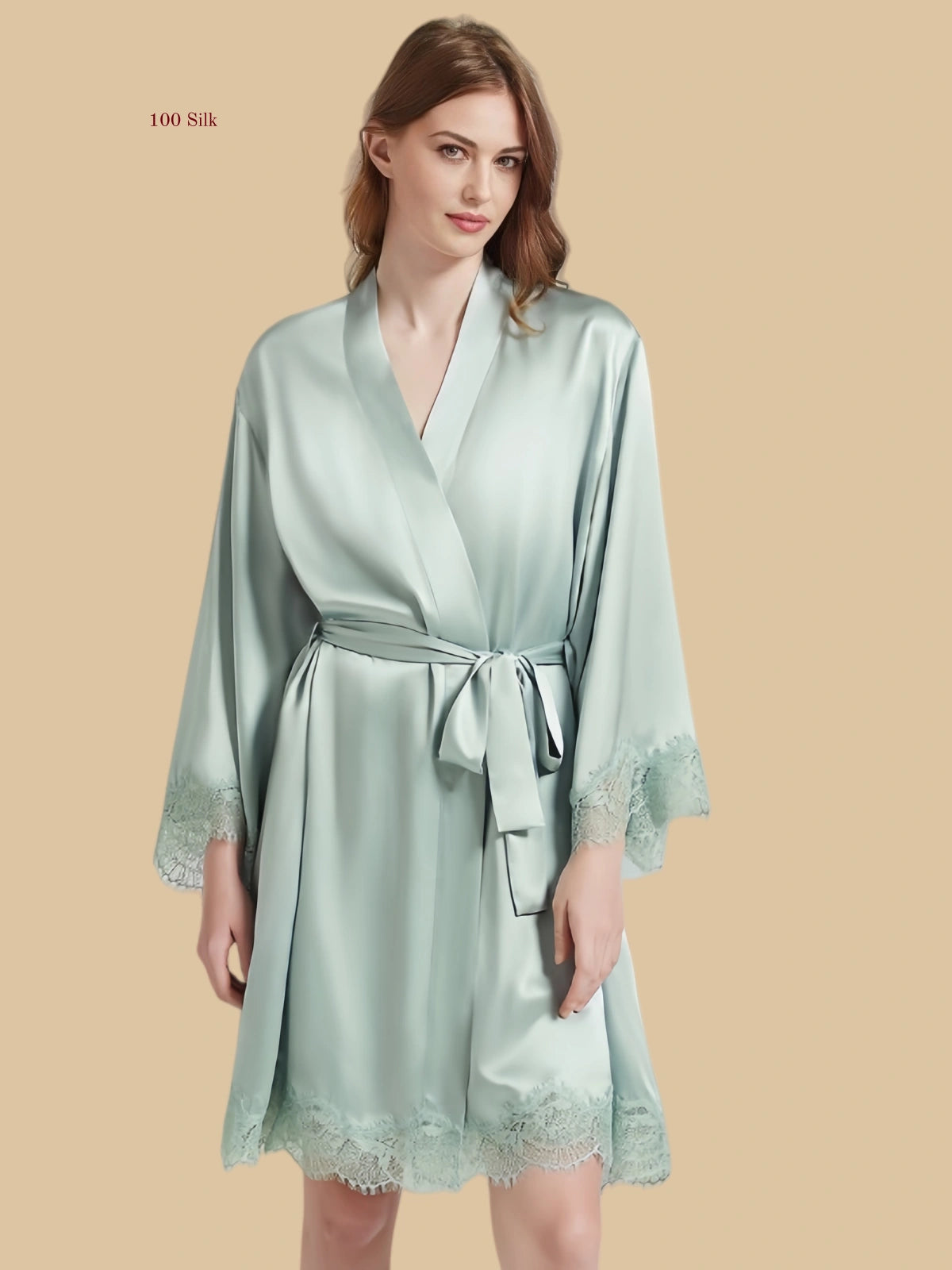 Green 19mm silk robe and slip dress set front view with wide lace mesh and ruched bust