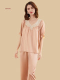 Wholemeal beige 19mm silk blouse and pants set front view with lace V yoke and tie-detail half sleeves