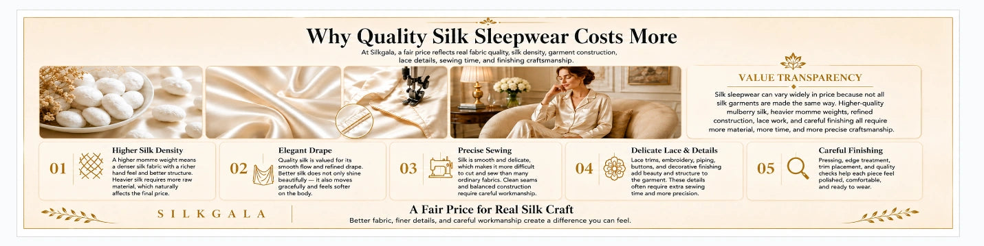Why quality silk sleepwear costs more, with Silkgala showing silk density, refined drape, careful sewing, lace details, and finishing craftsmanship