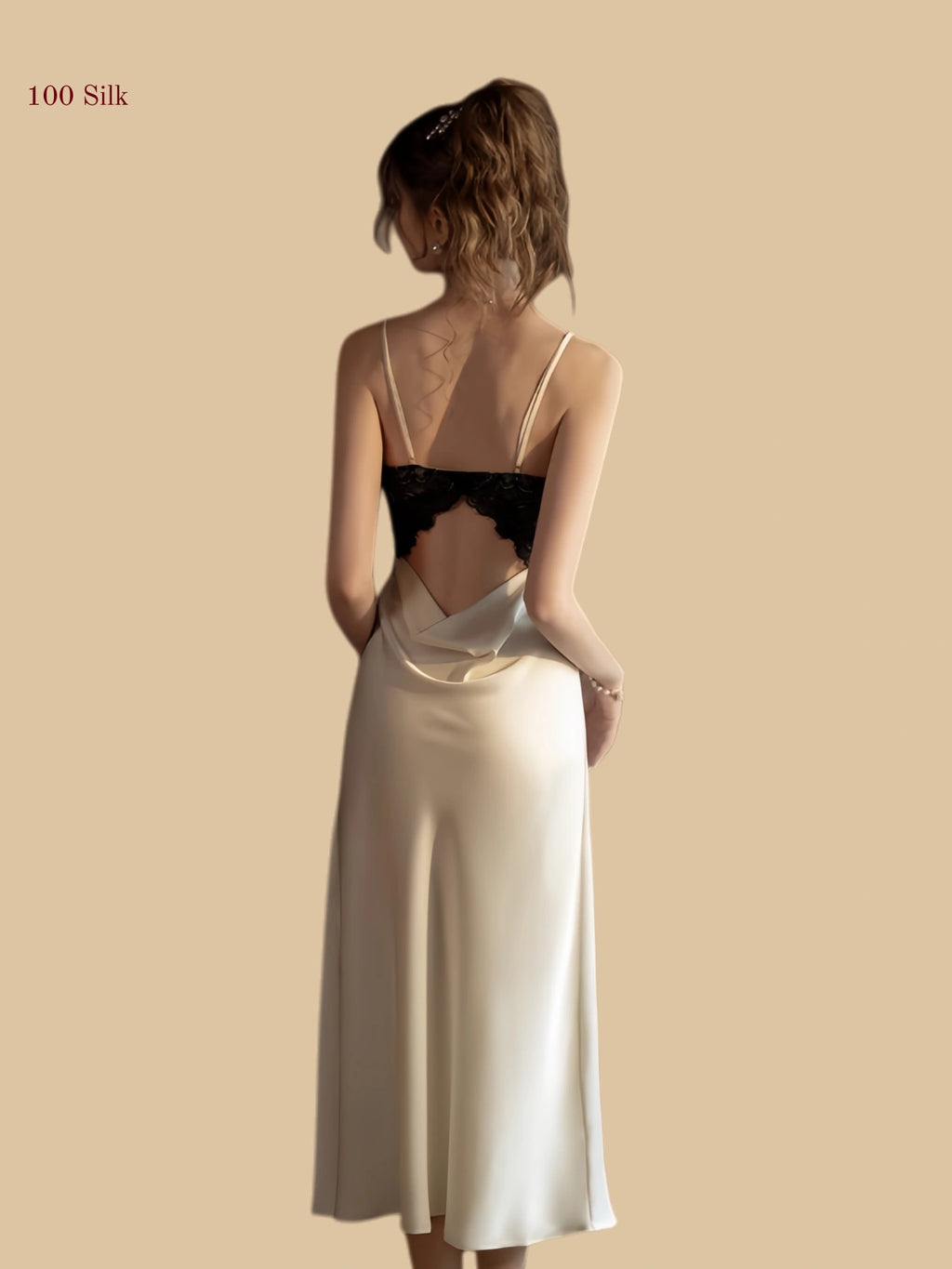Back view of silk midi slip dress with lace panel open back detail