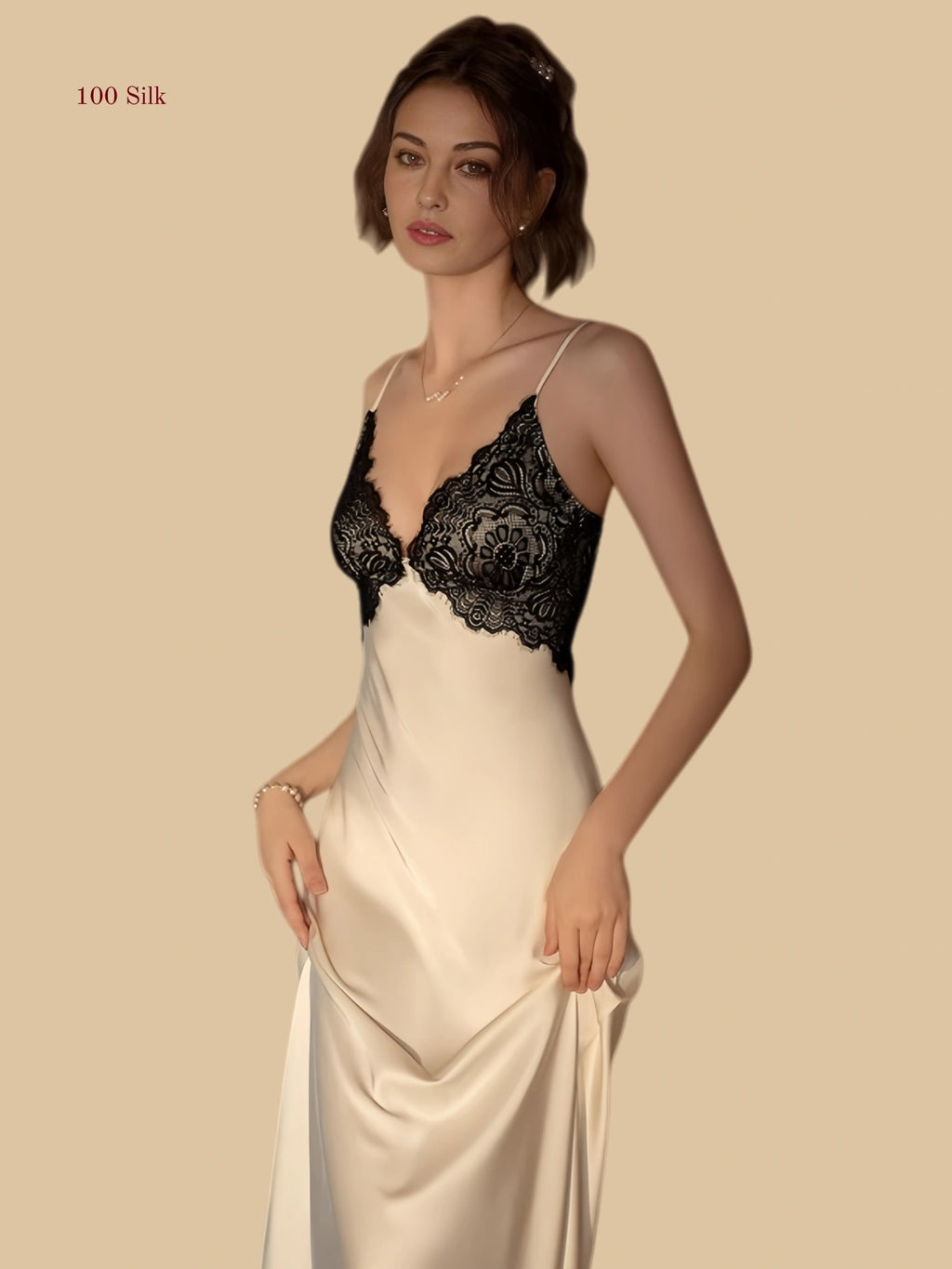 Front view of 19mm silk slip dress with black lace bodice and midi length