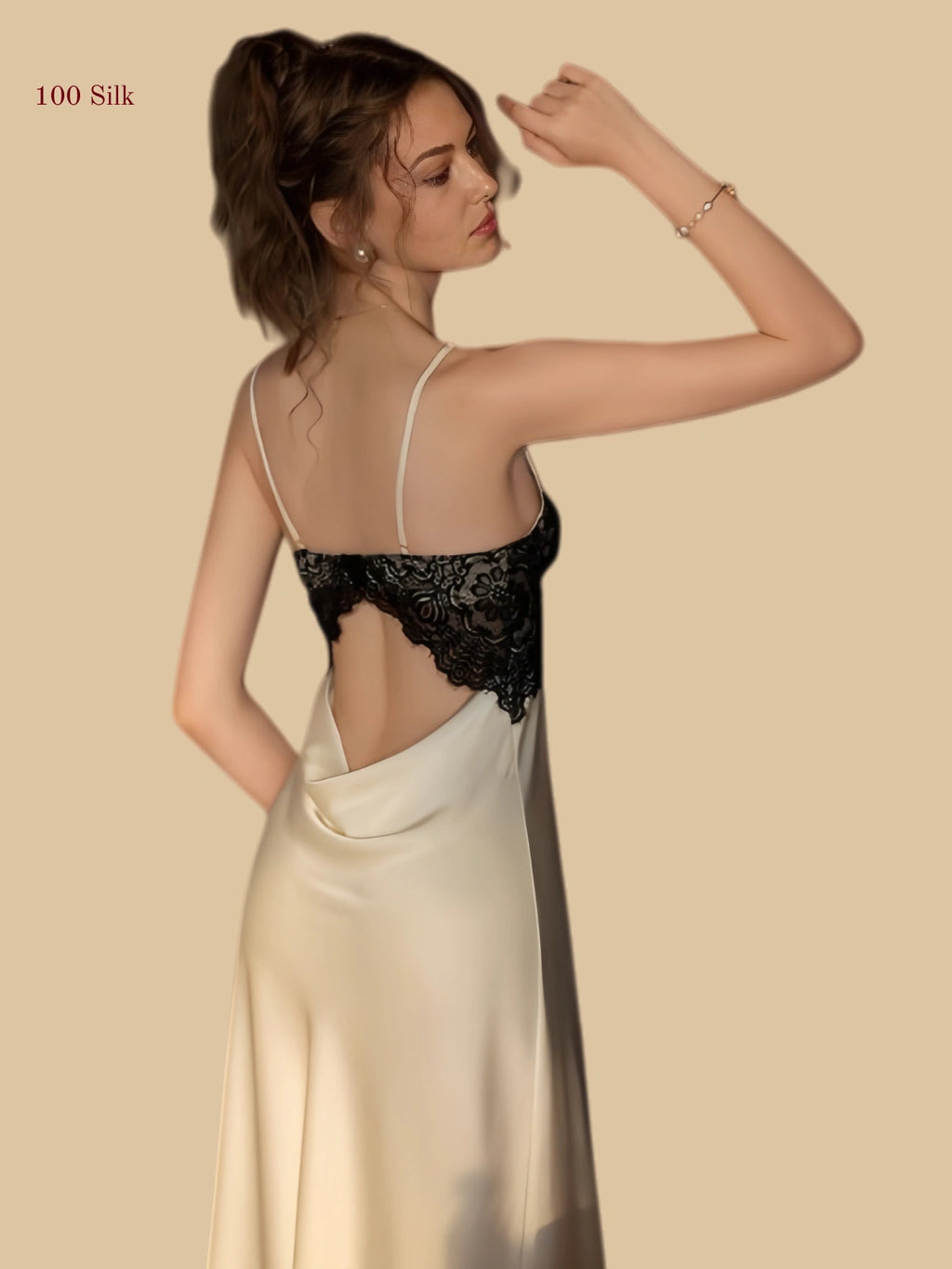 Back view of silk midi slip dress with lace panel open back detail