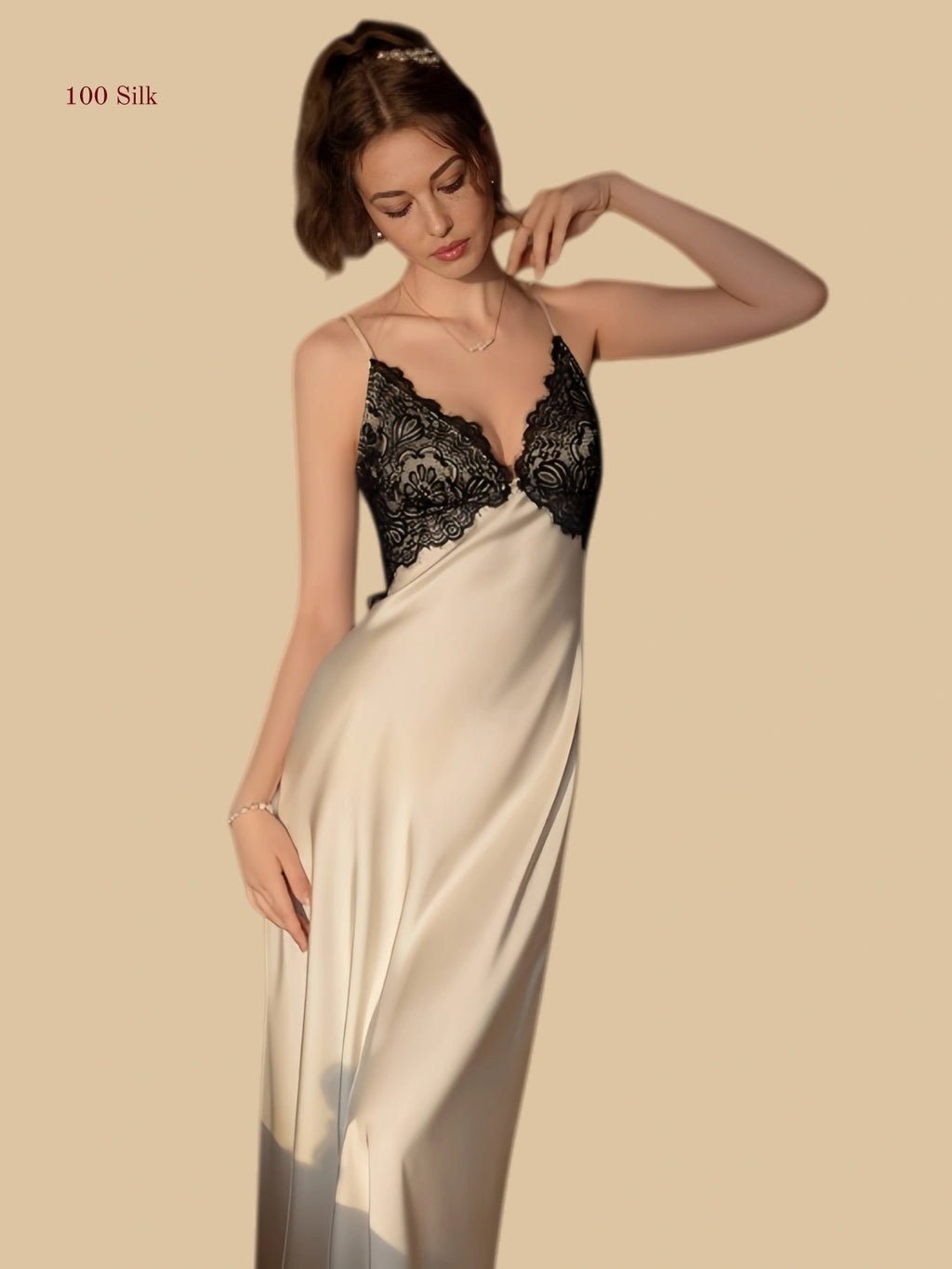 Front view of 19mm silk slip dress with black lace bodice and midi length