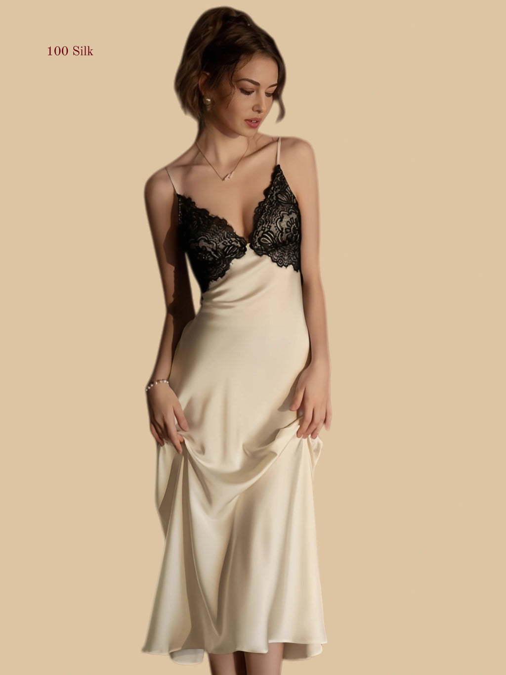 Front view of 19mm silk slip dress with black lace bodice and midi lengtha