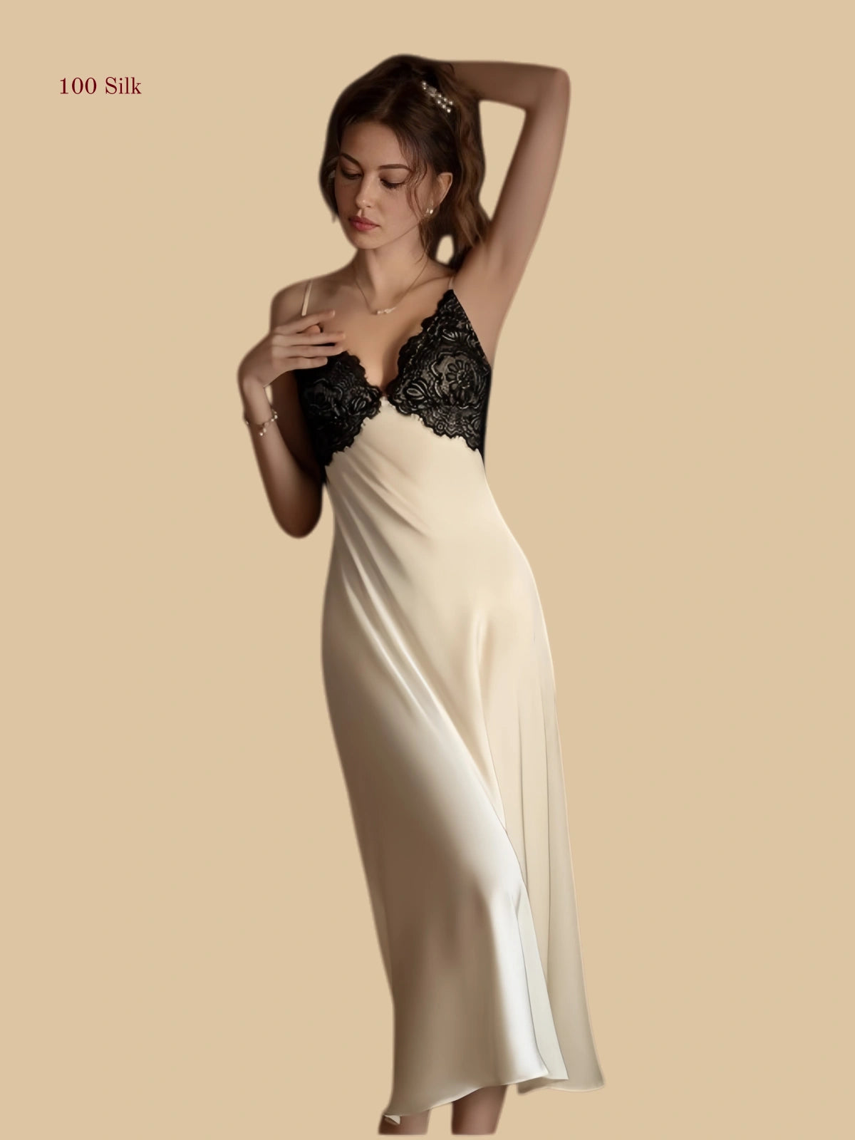 Front view of 19mm silk slip dress with black lace bodice and midi length