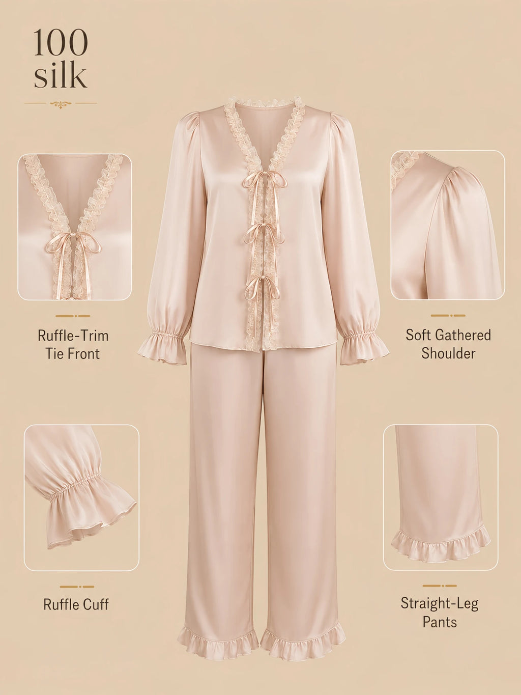 Silkgala 19mm 100% mulberry silk top and pants set detail image showing a ruffle-trim tie front, soft gathered shoulders, ruffle cuffs, and straight-leg pants with ruffle hem.
