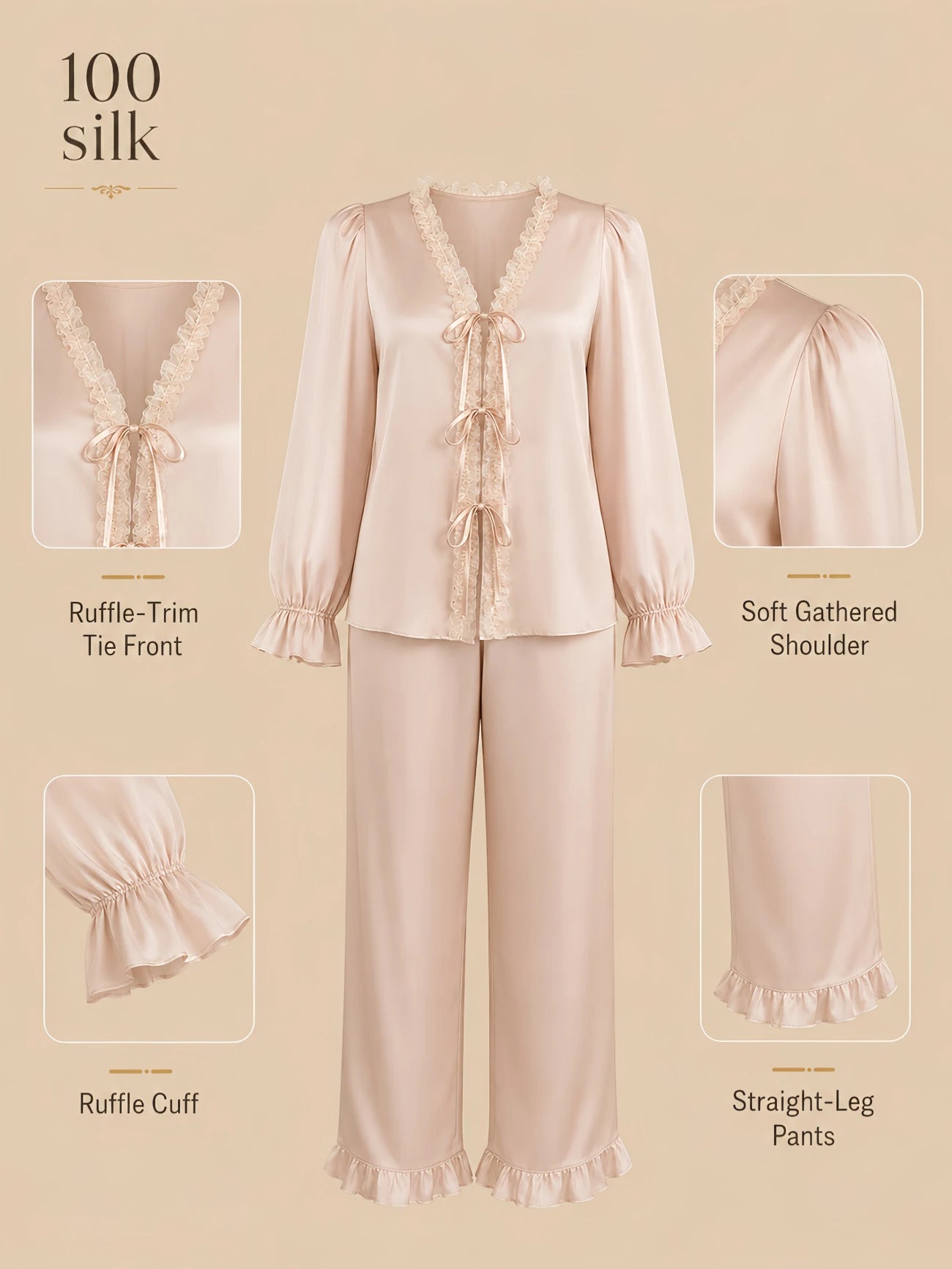 Silkgala 19mm 100% mulberry silk top and pants set detail image showing a ruffle-trim tie front, soft gathered shoulders, ruffle cuffs, and straight-leg pants with ruffle hem.