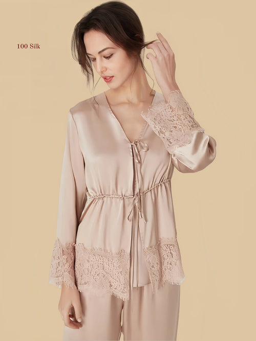 Lotus root pink 16mm silk three-piece pants set front view with lace-trim long jacket and matching pants