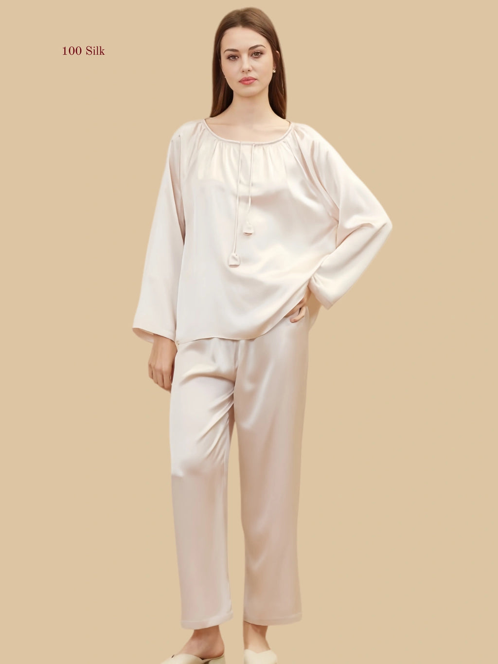 light Pink 19mm gathered-neck silk set front view with loose long-sleeve top and full-length pants