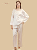 light Pink 19mm gathered-neck silk set front view with loose long-sleeve top and full-length pants