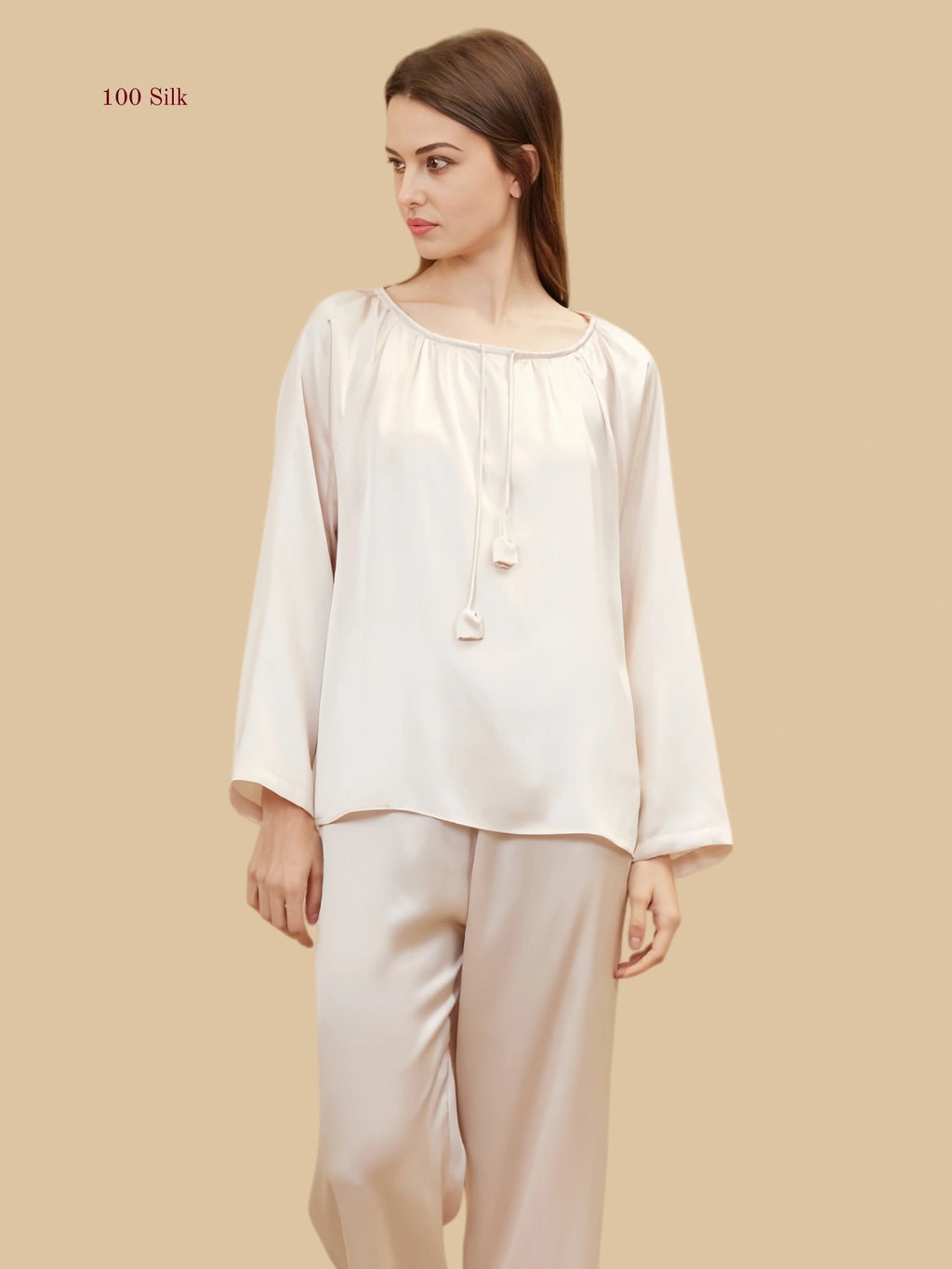 light Pink 19mm gathered-neck silk set front view with loose long-sleeve top and full-length pants