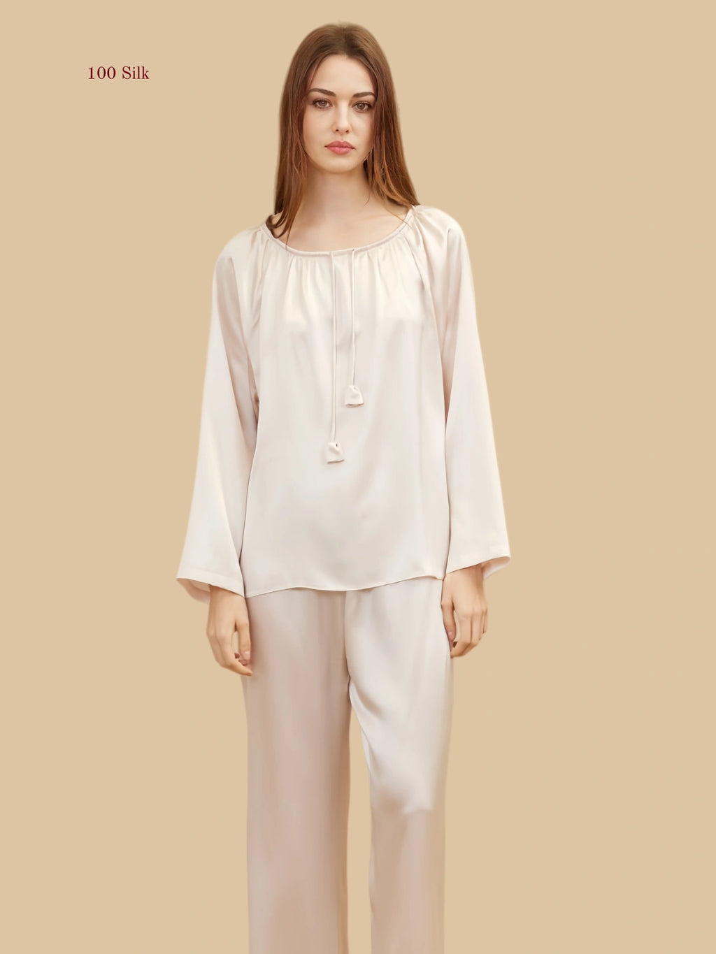 light Pink 19mm gathered-neck silk set front view with loose long-sleeve top and full-length pants