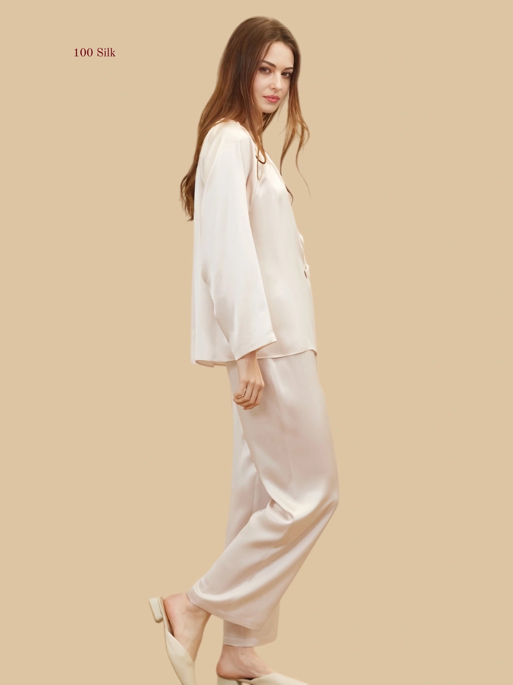 light Pink 19mm gathered-neck silk set side view with fluid top and easy trouser line