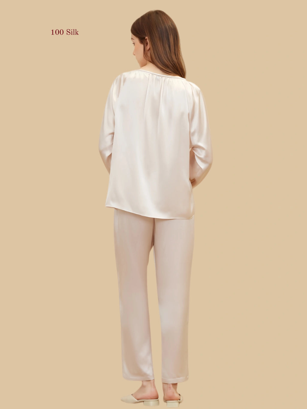 light Pink 19mm gathered-neck silk set back view with relaxed drape and straight long pants