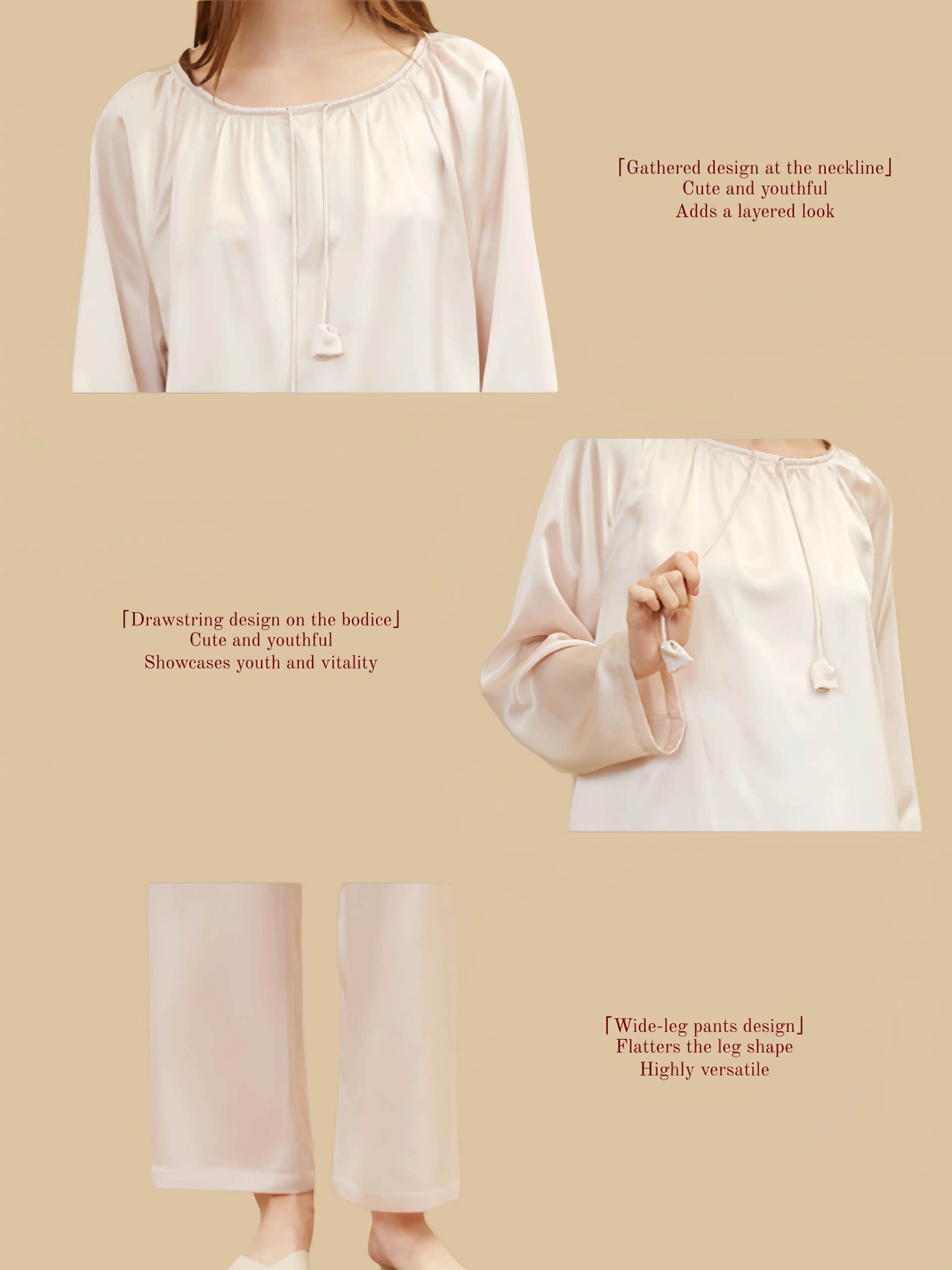 light Pink 19mm gathered-neck silk set detail view with soft neckline gathers and drawstring tassel tie