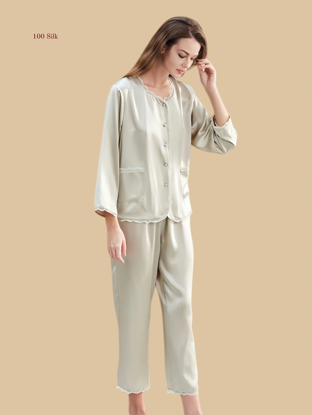 Sage Champagne 19mm round-neck silk set front view with scalloped neckline, patch pockets, and full-length pants