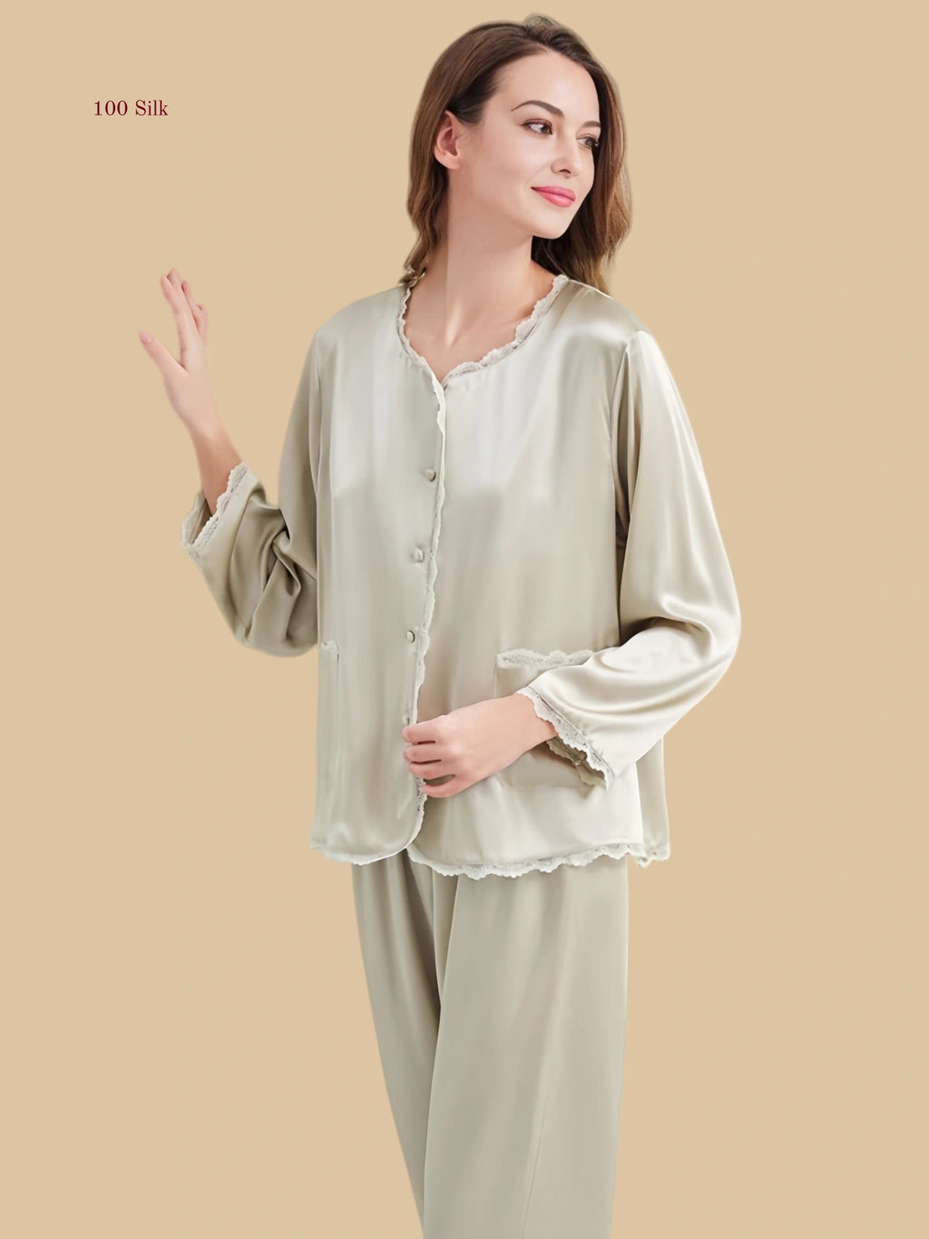 Sage Champagne 19mm round-neck silk set front view with scalloped neckline, patch pockets, and full-length pants