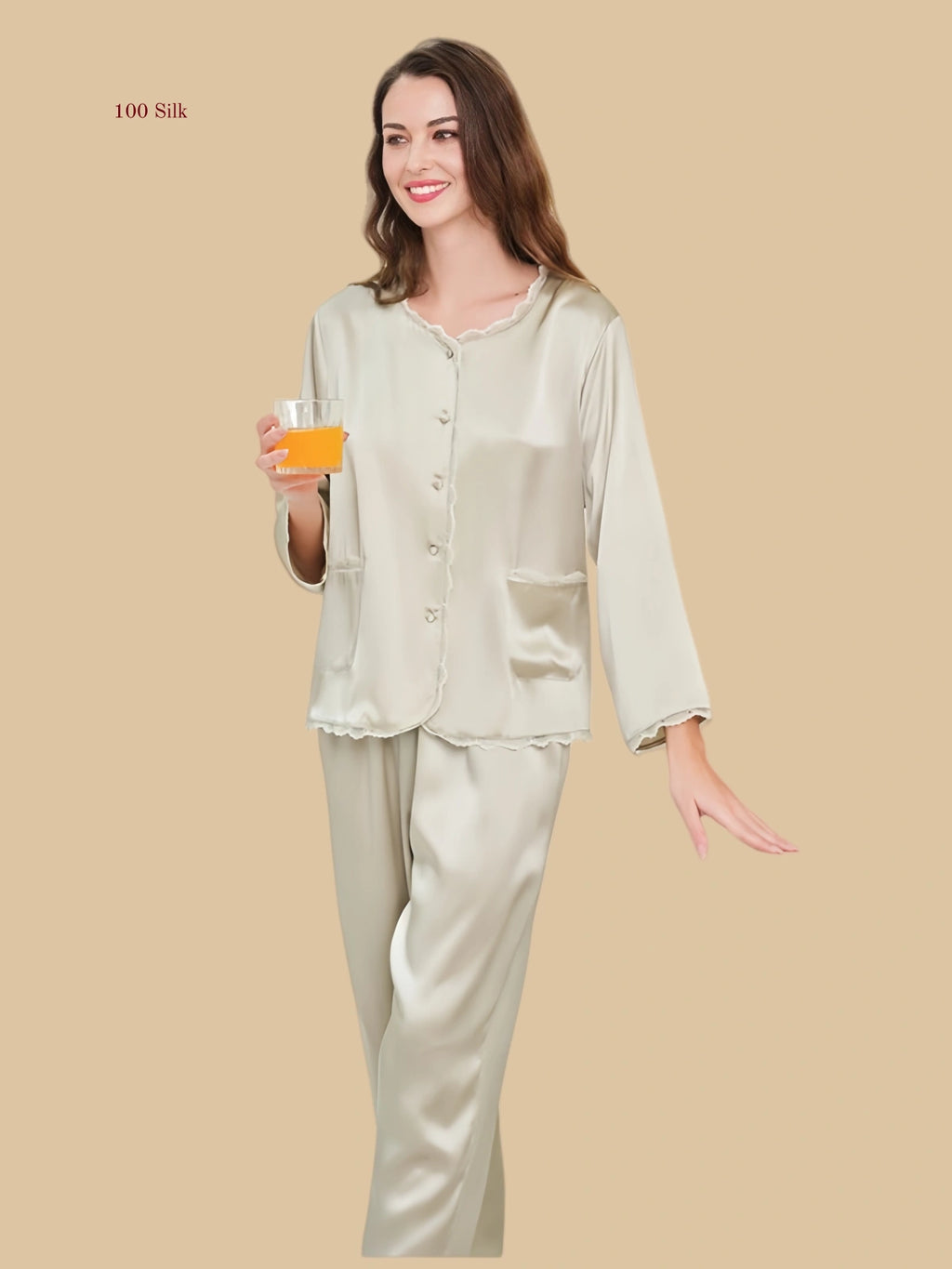 Sage Champagne 19mm round-neck silk set front view with scalloped neckline, patch pockets, and full-length pants