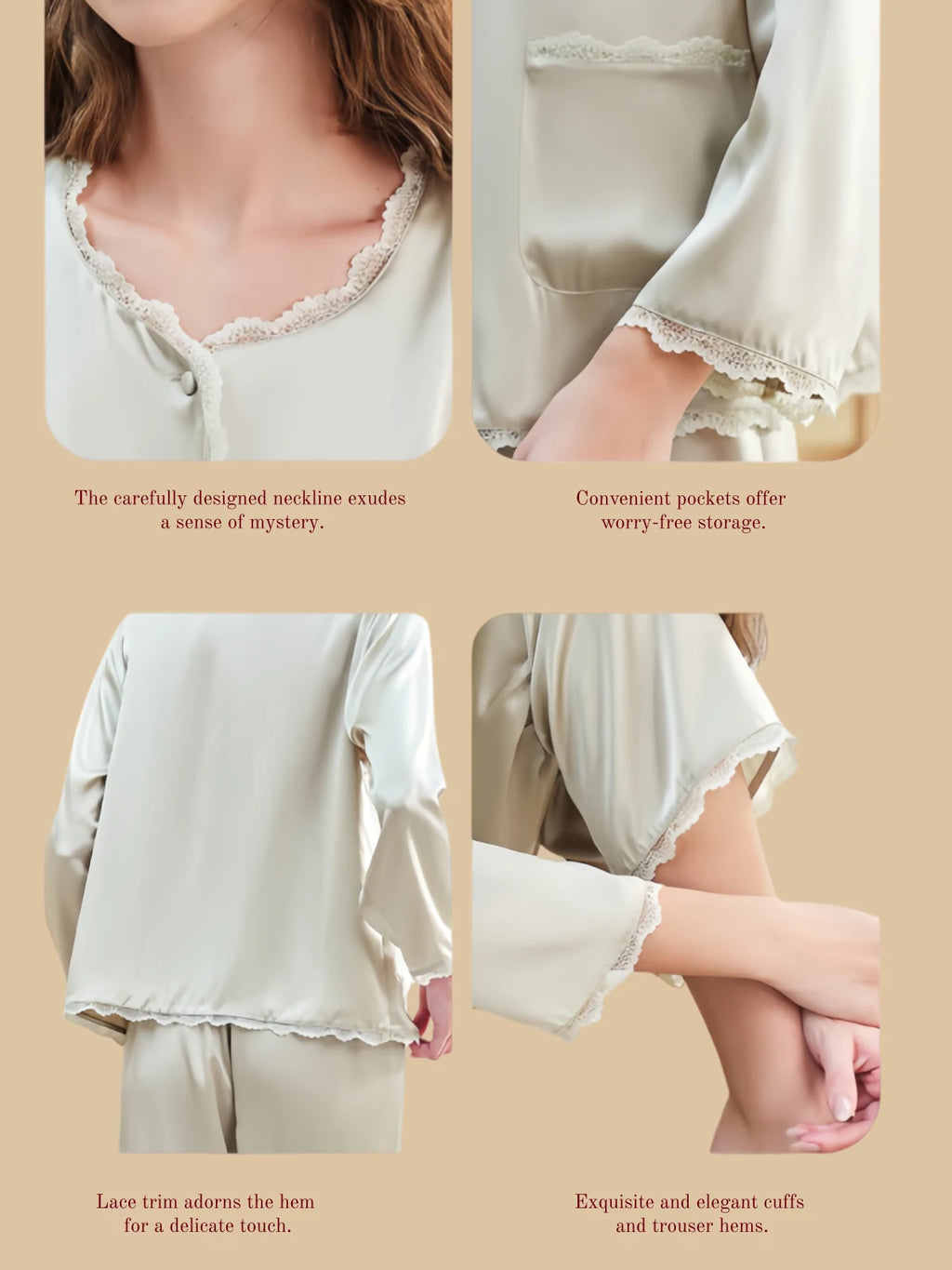 Sage Champagne 19mm round-neck silk set seated view with button-front top and scalloped edge trim