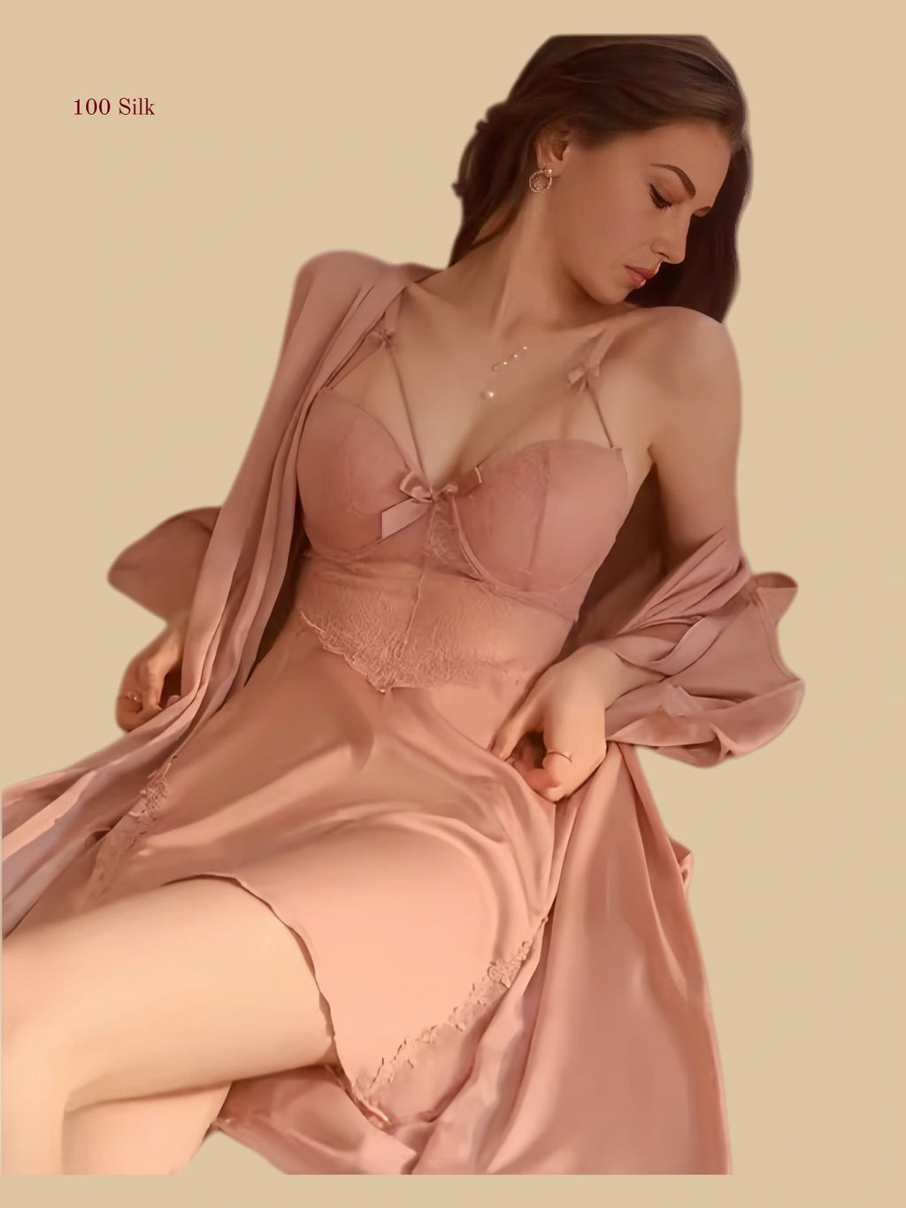 Seductive Silk Women's Two Piece Sets With Chest Pads - 100% Mulberry Silk Silk Nightgown And Robe Set | Silkgala