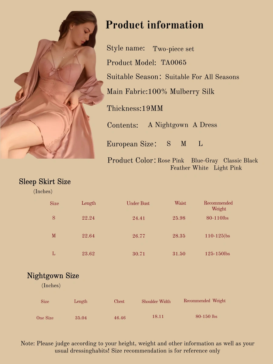 Seductive Silk Women's Two Piece Sets With Chest Pads - 100% Mulberry Silk Silk Nightgown And Robe Set | Silkgala