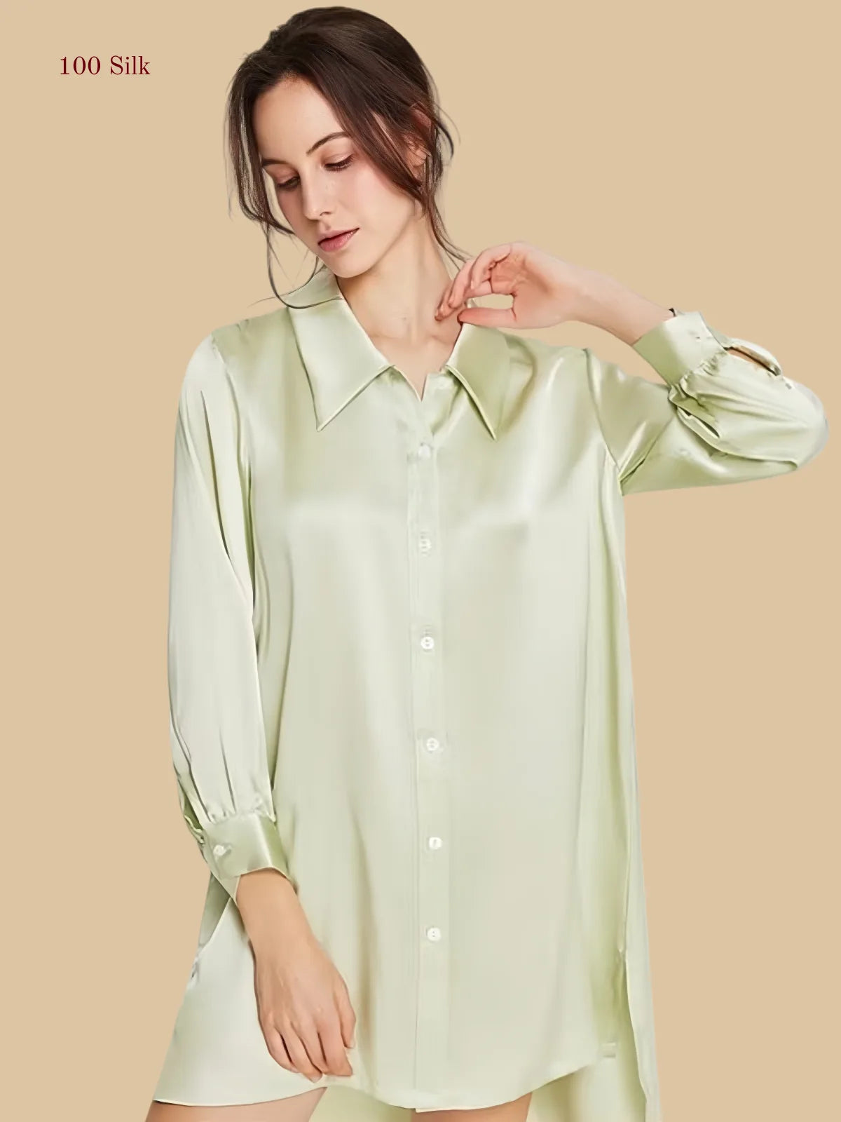 19 Momme Classic Long Sleeve Silk Shirt Nightgown for Women - 100% Mulberry Silk | Silkgala