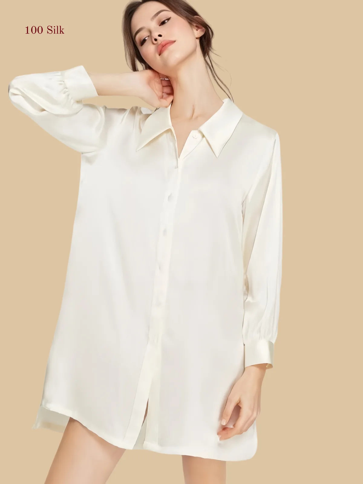 19 Momme Classic Long Sleeve Silk Shirt Nightgown for Women - 100% Mulberry Silk | Silkgala