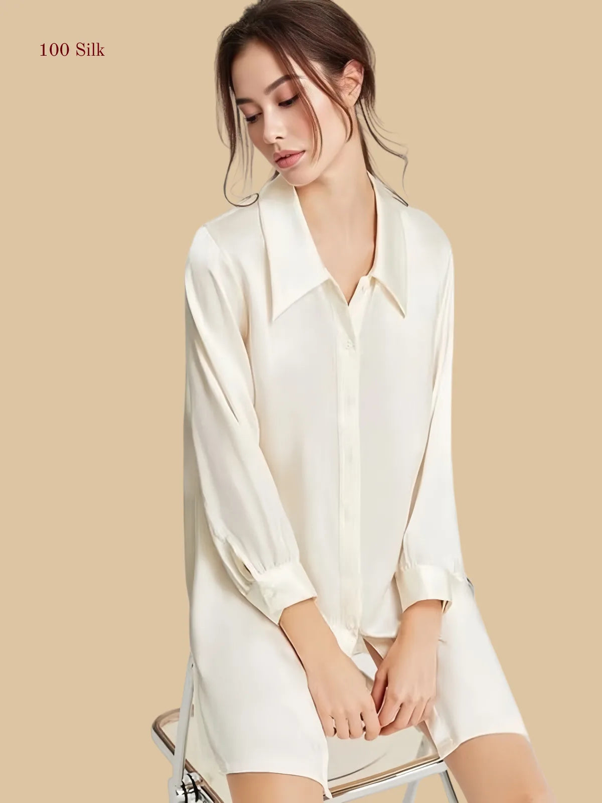 19 Momme Classic Long Sleeve Silk Shirt Nightgown for Women - 100% Mulberry Silk | Silkgala