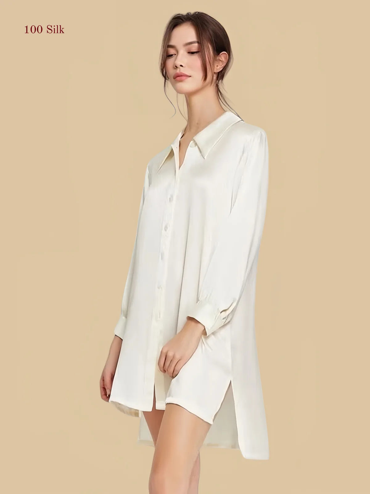19 Momme Classic Long Sleeve Silk Shirt Nightgown for Women - 100% Mulberry Silk | Silkgala
