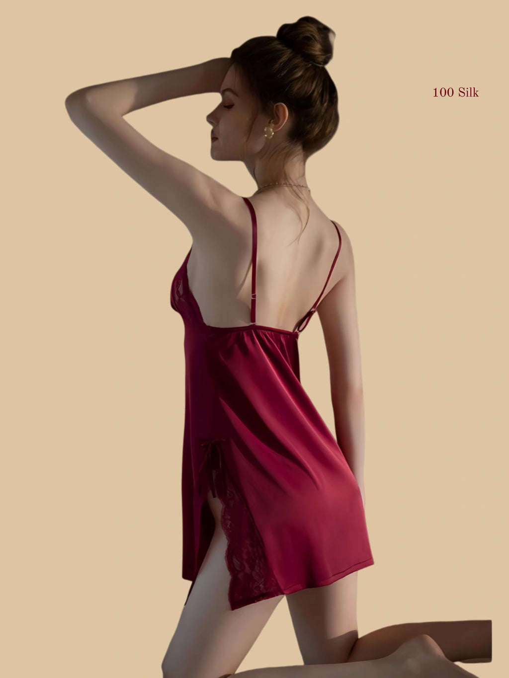 Back view of silk mini slip dress with simple spaghetti straps