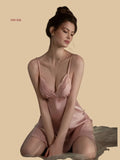 Front view of 19mm silk slip dress with lace panel and side slit in Pink