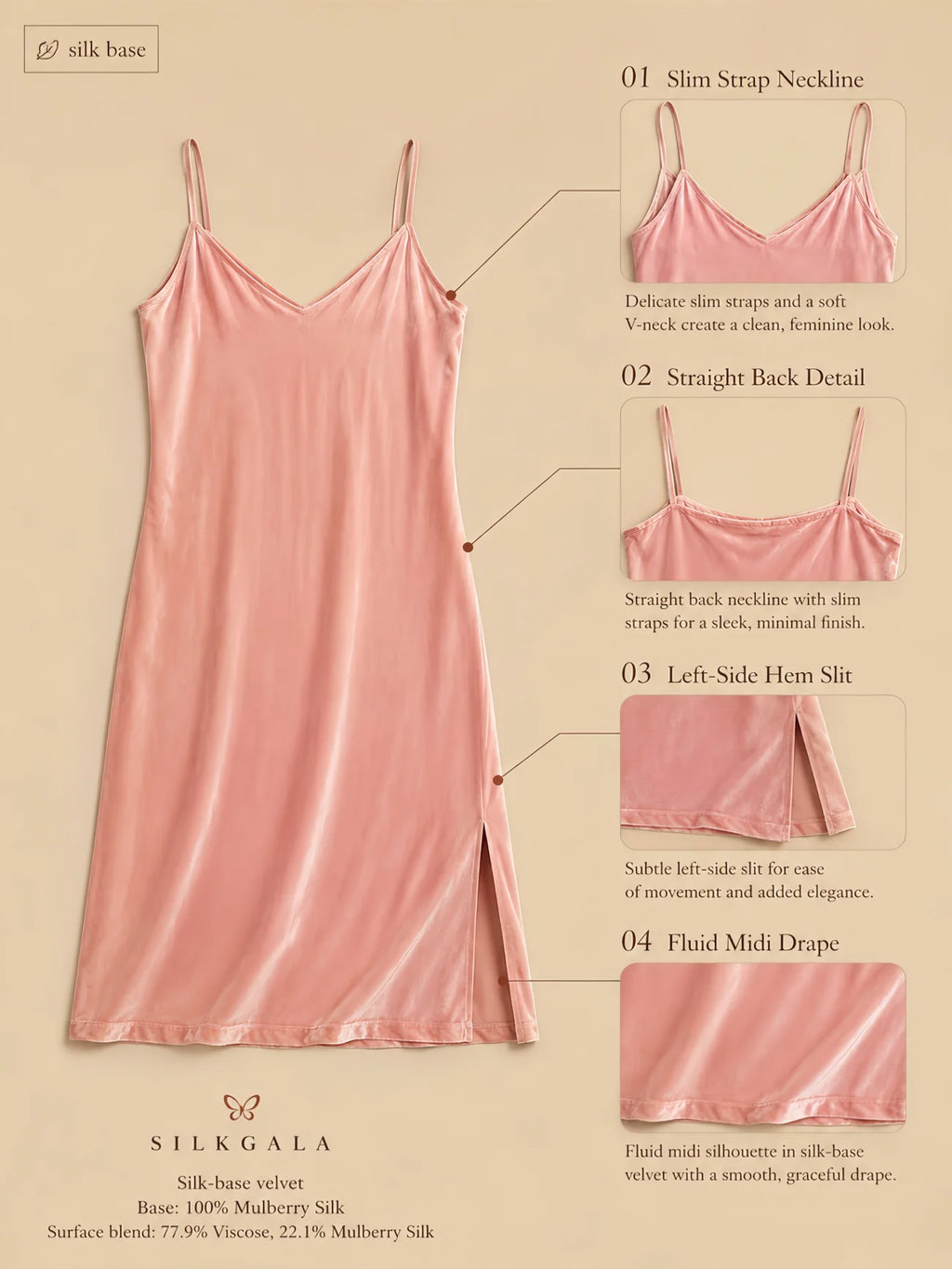 Light pink silk-base velvet slip dress with slim shoulder straps, clean V-neckline, straight back, fluid midi silhouette, and left-side hem slit shown in a flat-lay product detail image.