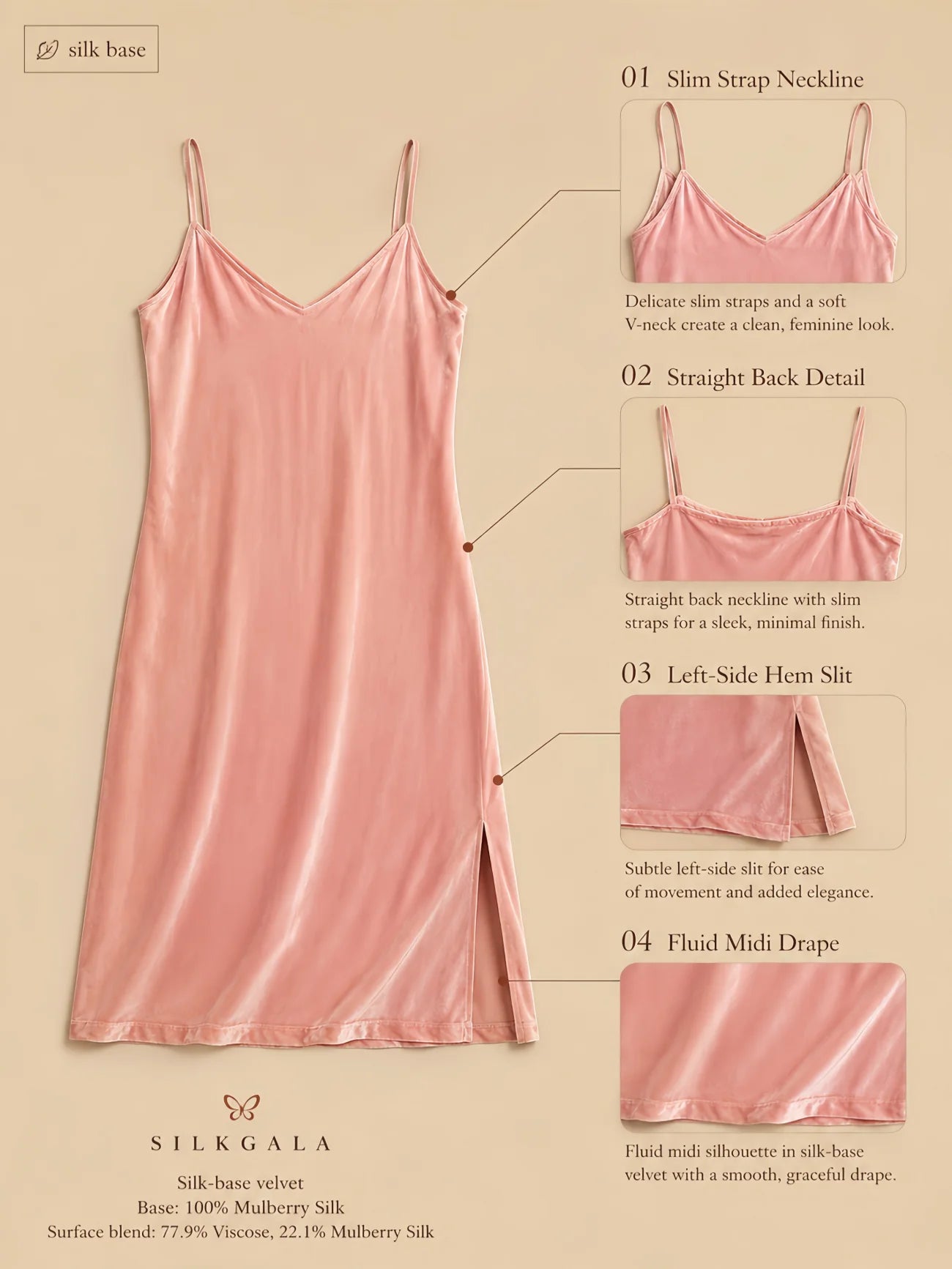 Light pink silk-base velvet slip dress with slim shoulder straps, clean V-neckline, straight back, fluid midi silhouette, and left-side hem slit shown in a flat-lay product detail image.