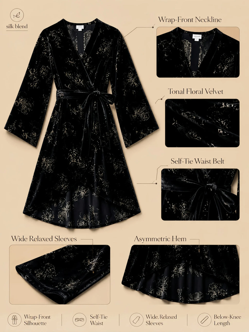 Black silk-blend wrap bathrobe with tonal floral velvet, wrap-front neckline, self-tie waist belt, wide relaxed sleeves, and asymmetric below-knee hem shown in a flat-lay product detail image.