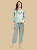 Pea green 19mm cropped-sleeve pajamas front view with fine piped collar, chest welt pocket, and cropped pants