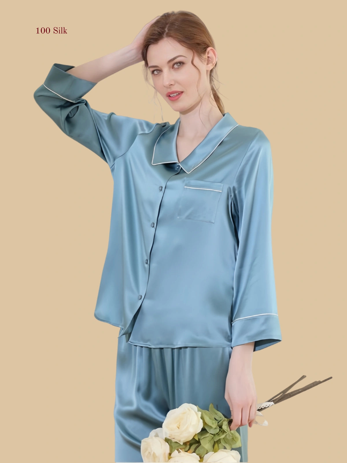 Silk Collared Long Pants Pajama Set