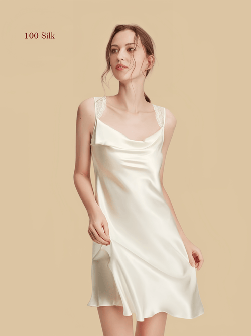 16MM White Cowl Neck Silk Slip Dress with Lace Shoulder Straps | Silkgala