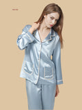 Blue 19mm scalloped-trim pajama set front view with notched collar and two patch pockets