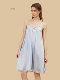 19mm v neck silk nightgown sheer white lace pleated trim blue front view