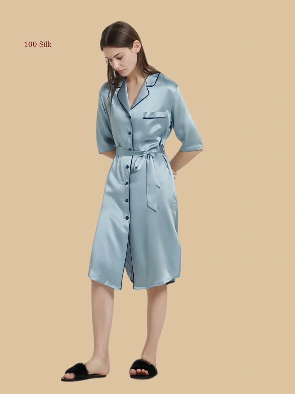 19mm Gray-Blue silk shirt nightgown with blazer collar and knee-length U-shaped hem.
