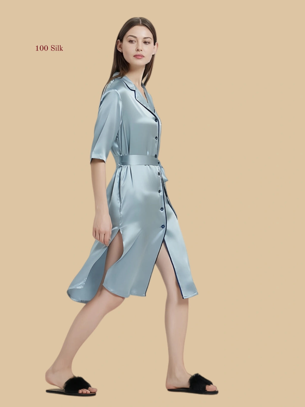Gray-Blue 100% mulberry silk button-down nightdress highlighting the high-slit side design.