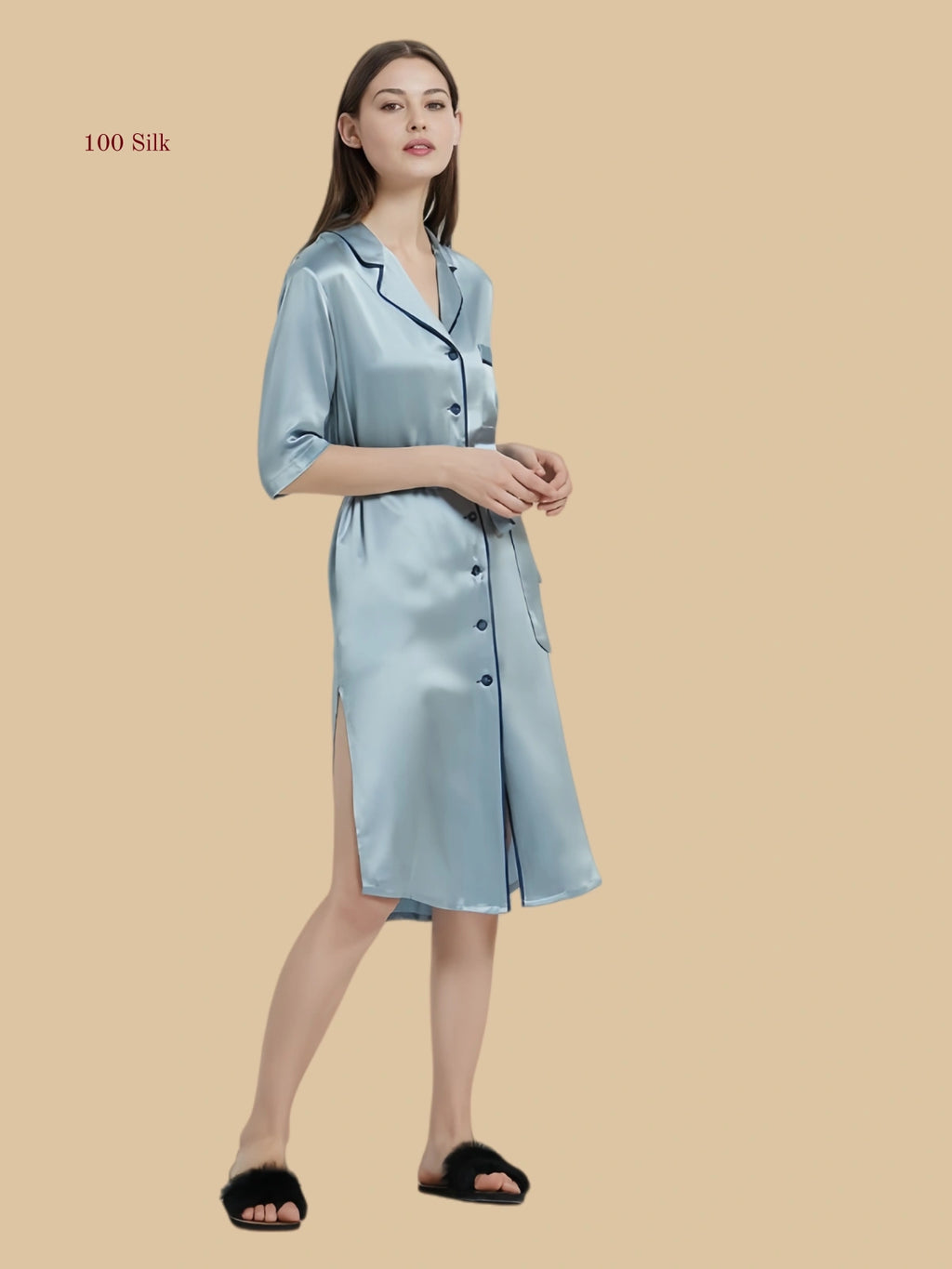 Gray-Blue 100% mulberry silk button-down nightdress highlighting the high-slit side design.