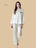 Milky white 19mm collared pajama set front view with contrast welt pocket and fine piping